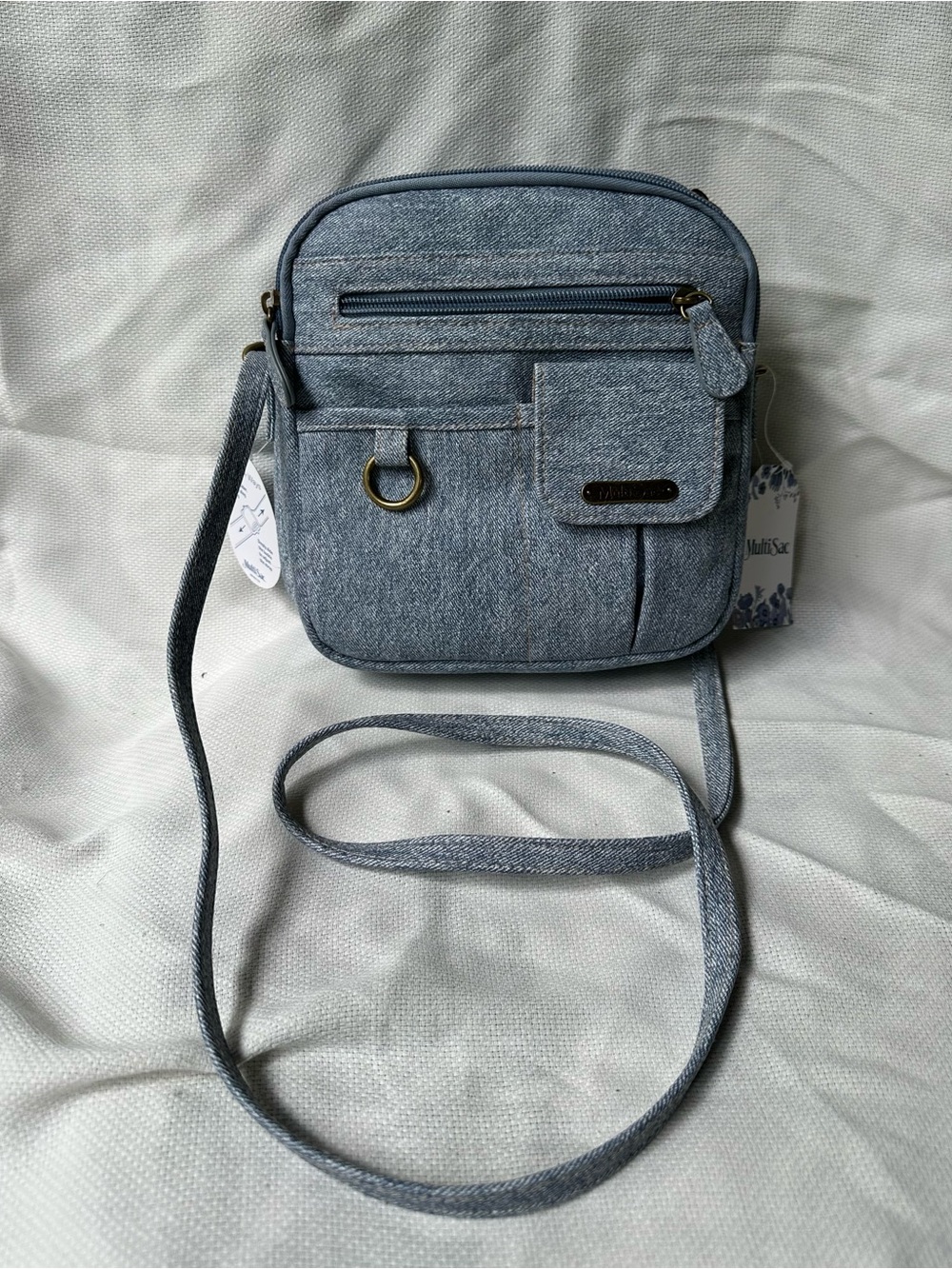 Multisac Light Denim Crossbody Bag with Front Pockets